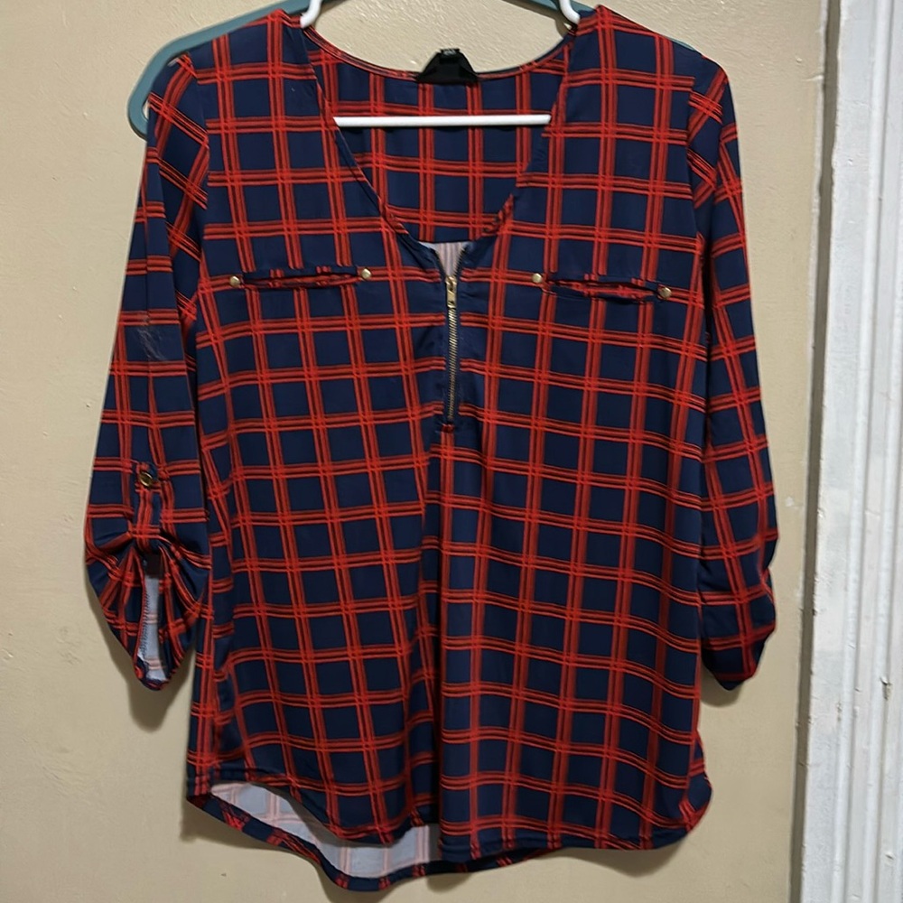 Red and navy blue checker blouse ￼